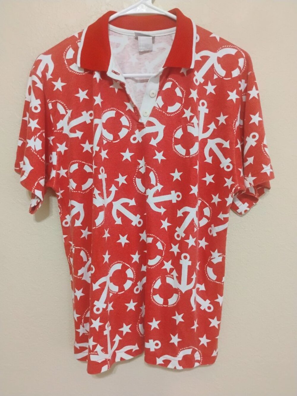 Koret Nautical Anchor Polo Shirt Red White Vintage USA Medium